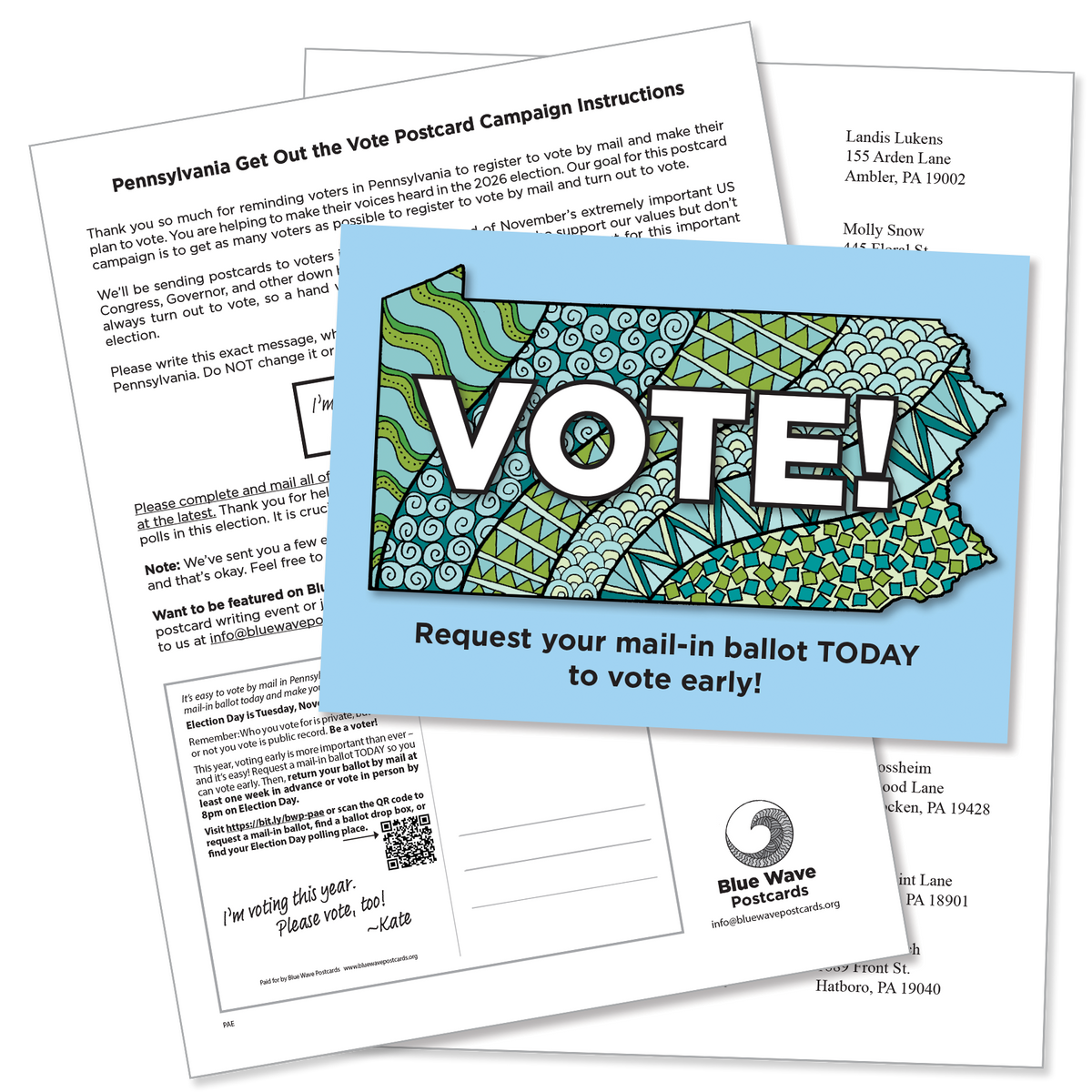 Pennsylvania Get Out the Vote Postcard Kit (100 postcards and address labels)
